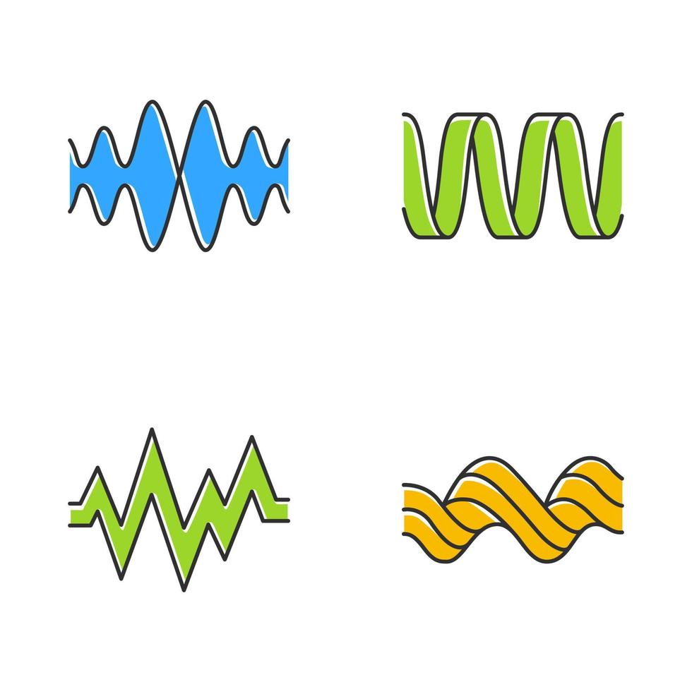 Sound waves color icons set. Audio waves. Music frequency. Voice line, overlapping soundwaves. Abstract digital waveform. Heart rhythm, beat, pulse. Radio signal. Isolated vector illustrations