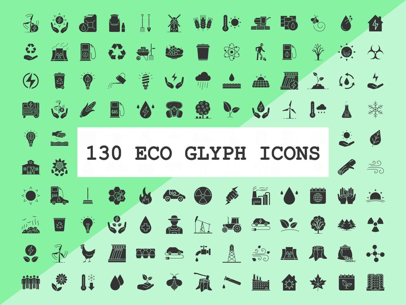 Ecology glyph icons big set. Silhouette symbols. Ecology global care, alternative energy resources, power saving technologies. Ecological industry and agriculture. Vector isolated illustration