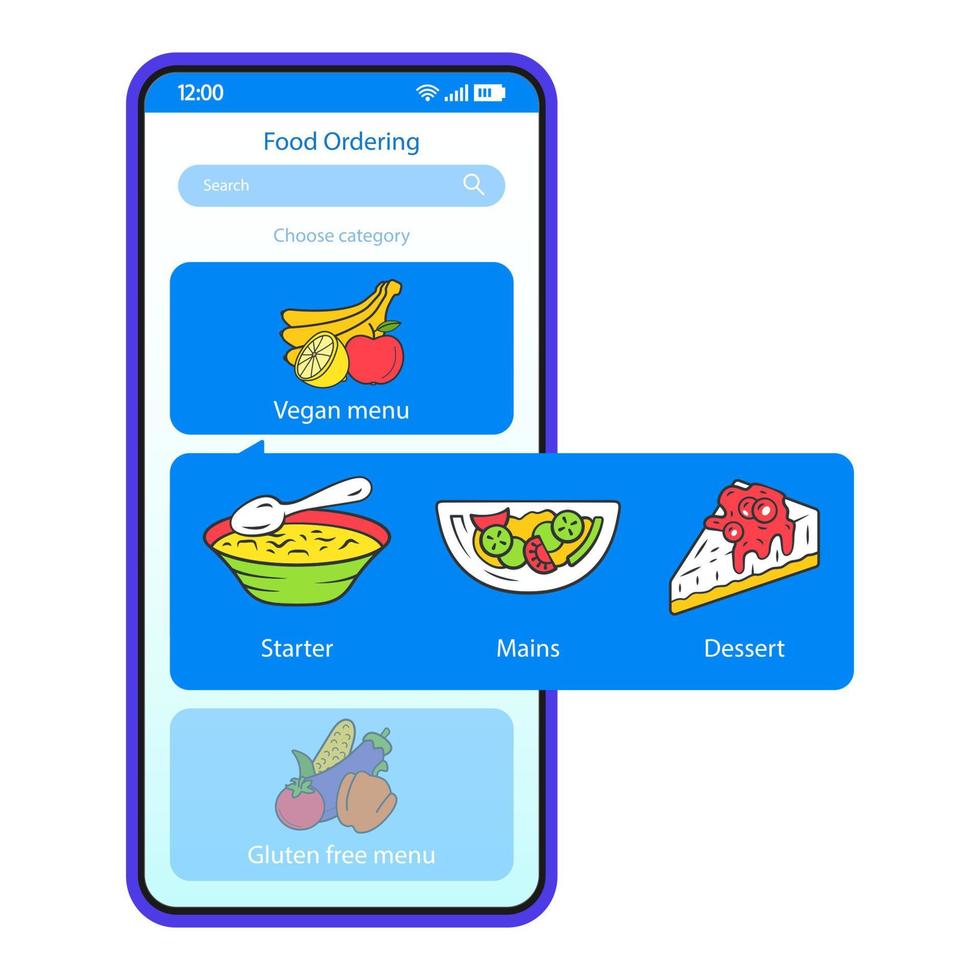 plantilla de vector de interfaz de teléfono inteligente de pedido de alimentos. diseño azul de la aplicación móvil. pantalla de entrega de alimentos. plato, página de aplicación de selección de categoría de comida ui. menú de dieta en línea del restaurante. pantalla del teléfono