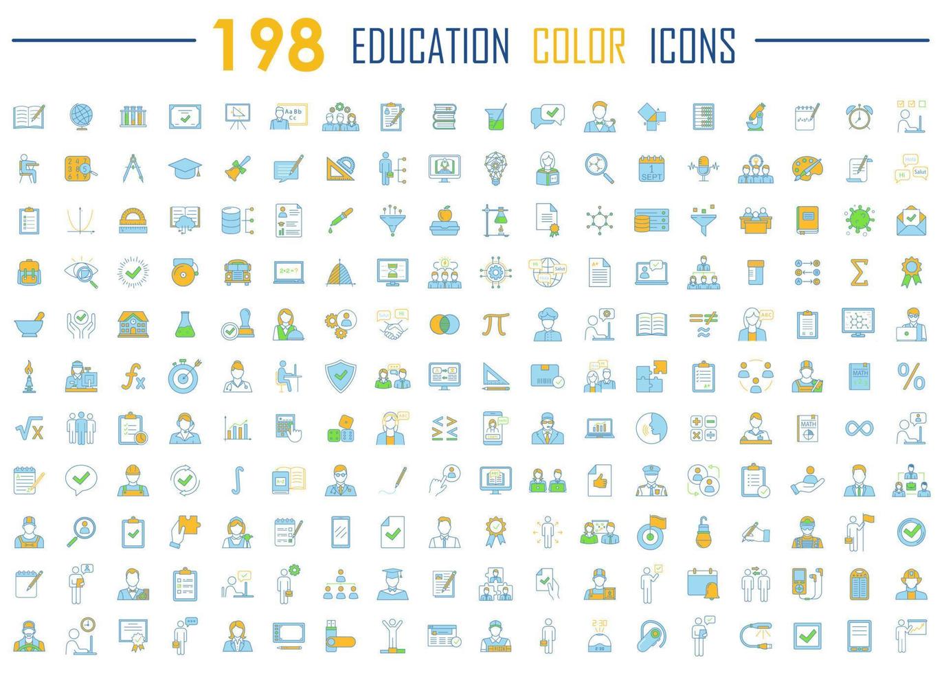 Education color icons big set. School, university, home learning, self study, business education. Educational program, students graduation. E learning, online courses. Isolated vector illustrations