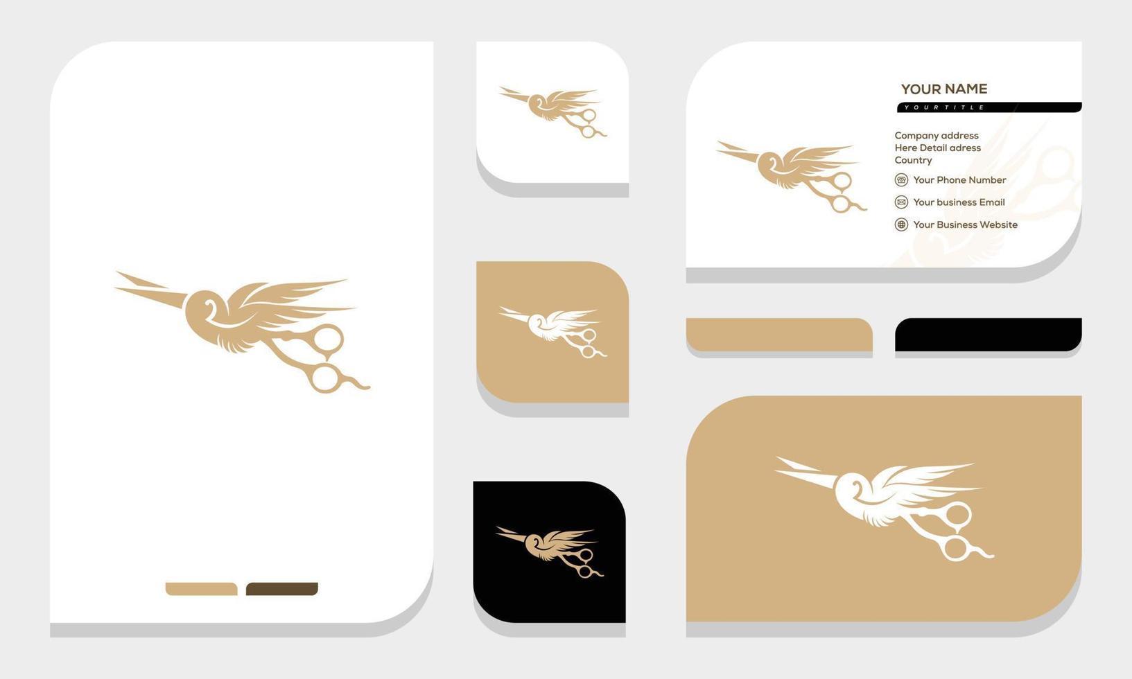 tijeras y pájaro vector logo y tarjeta de visita