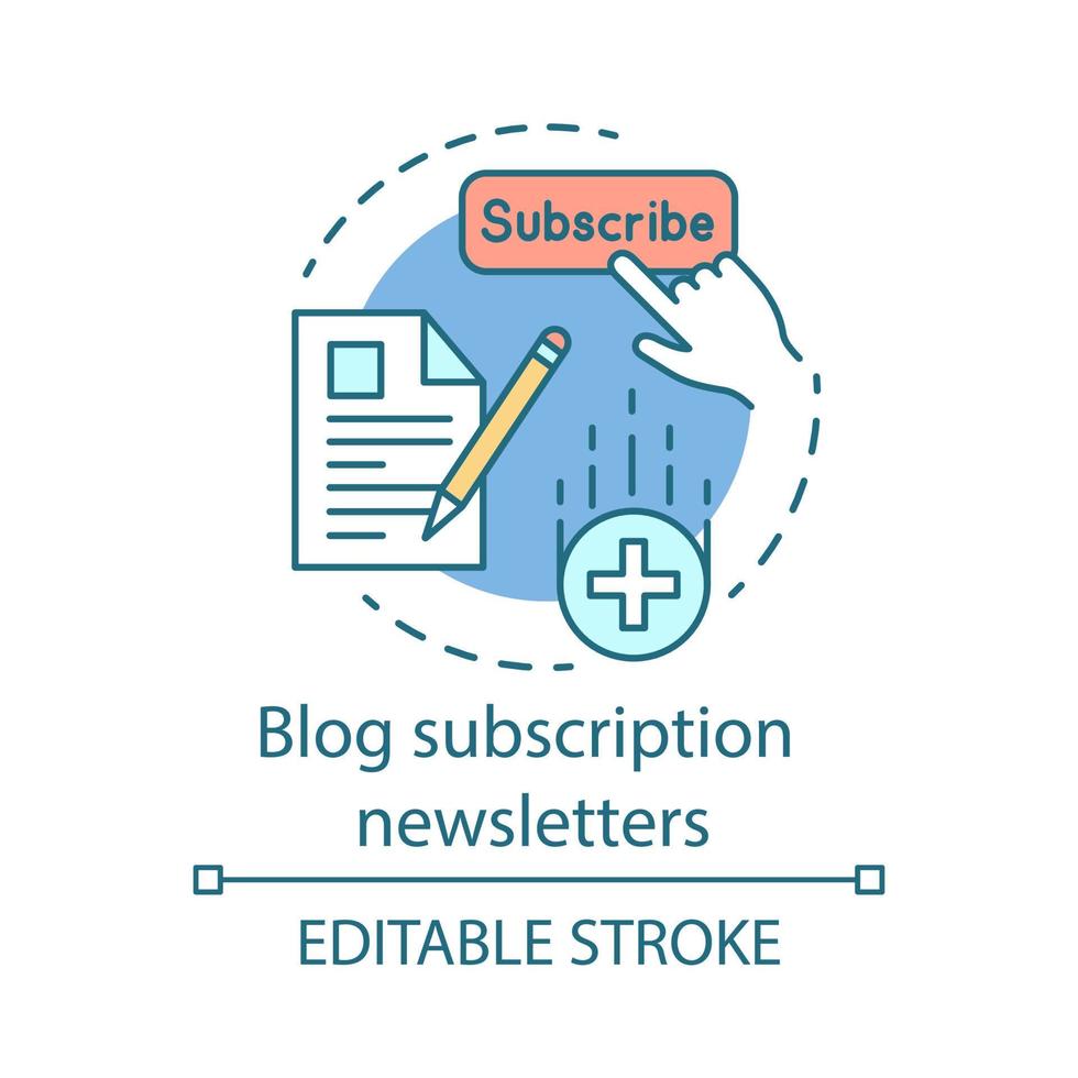 Blog subscription newsletters concept icon. Email marketing idea thin line illustration. Brand promotion. Subscribe page. Advertising campaign. Vector isolated outline drawing. Editable stroke