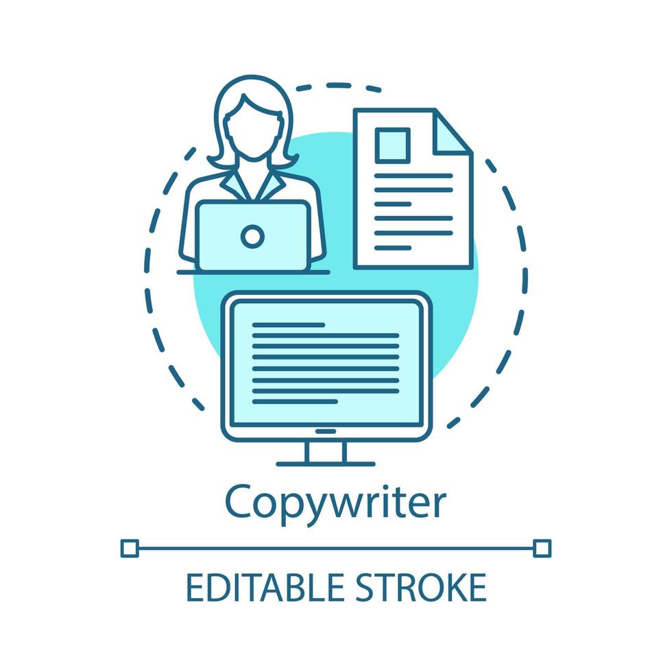 Copywriter blue concept icon. Content creator, marketer idea thin line illustration. Text writing, advertisement creation.Digital marketing specialty. Vector isolated outline drawing. Editable stroke