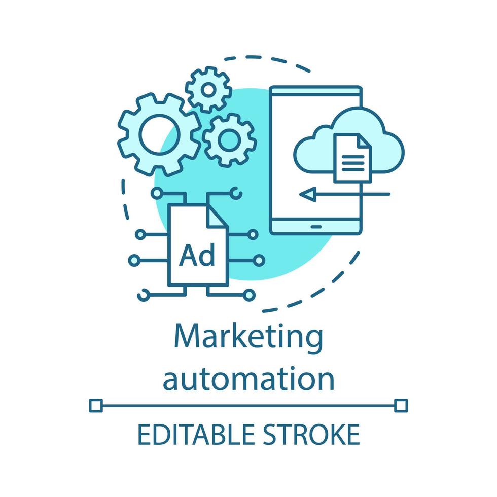 icono de concepto azul de automatización de marketing. ilustración de línea delgada de idea de software de marketing digital. plataforma tecnológica. organización de gestión de anuncios. dibujo de contorno aislado vectorial. trazo editable vector