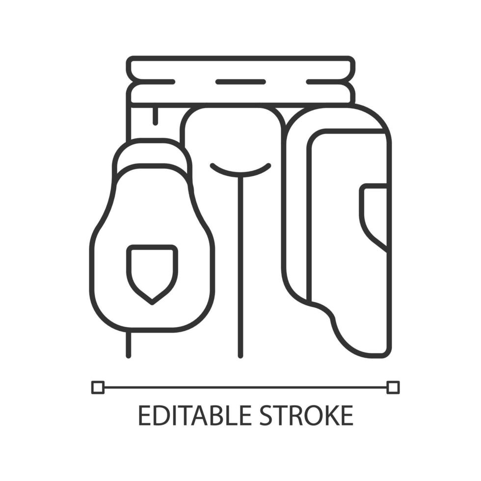 icono lineal de la protección del muslo de cricket. protección del cuerpo para el bateador. Almohadilla de muslo en deportista. equipo de protección deportivo. ilustración de línea delgada. símbolo de contorno dibujo de contorno aislado vectorial. trazo editable vector