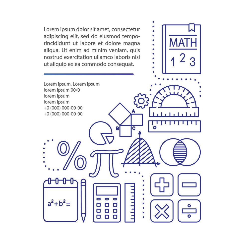 plantilla de vector de página de artículo de curso de matemáticas básicas. álgebra, geometría. elemento de diseño de folleto con iconos lineales y cuadros de texto. diseño de impresión. ilustraciones conceptuales con espacio de texto