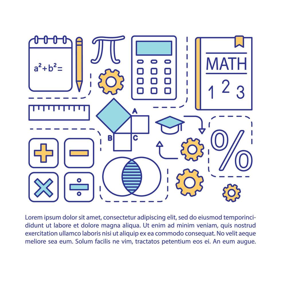 Basic maths lessons article page vector template.Mathematics, algebra. Brochure, magazine, booklet design element with linear icons and text boxes. Print design. Concept illustrations with text space