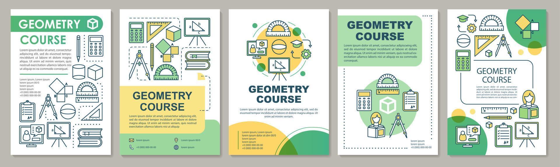 curso de geometría, diseño de plantilla de folleto de estudio. folleto, folleto, diseño de impresión de folleto con ilustraciones lineales. diseños de página vectorial para revistas, informes anuales, carteles publicitarios... vector