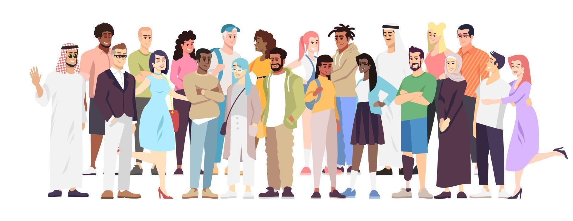 Demographic diversity flat vector illustration. Different nations representatives standing together. Arabian, European, Hispanic word cooperation. Multiethnic society, globalized community ..