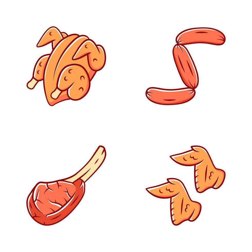 conjunto de iconos de color de carne de carniceros. canal y alitas de pollo a la parrilla, bistec tomahawk, salchichas, costilla de cerdo. fuentes de proteínas negocio de carnicería. producción y venta de carne asada. ilustración vectorial aislada vector