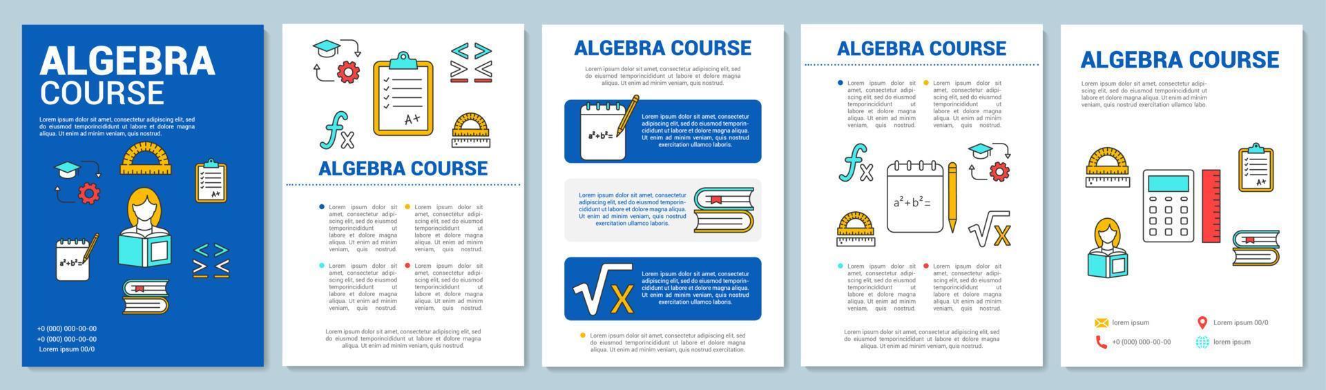 curso de álgebra, diseño de plantilla de folleto de lecciones de matemáticas. folleto, folleto, diseño de impresión de folleto con ilustraciones lineales. diseños de página vectorial para revistas, informes anuales, carteles publicitarios... vector