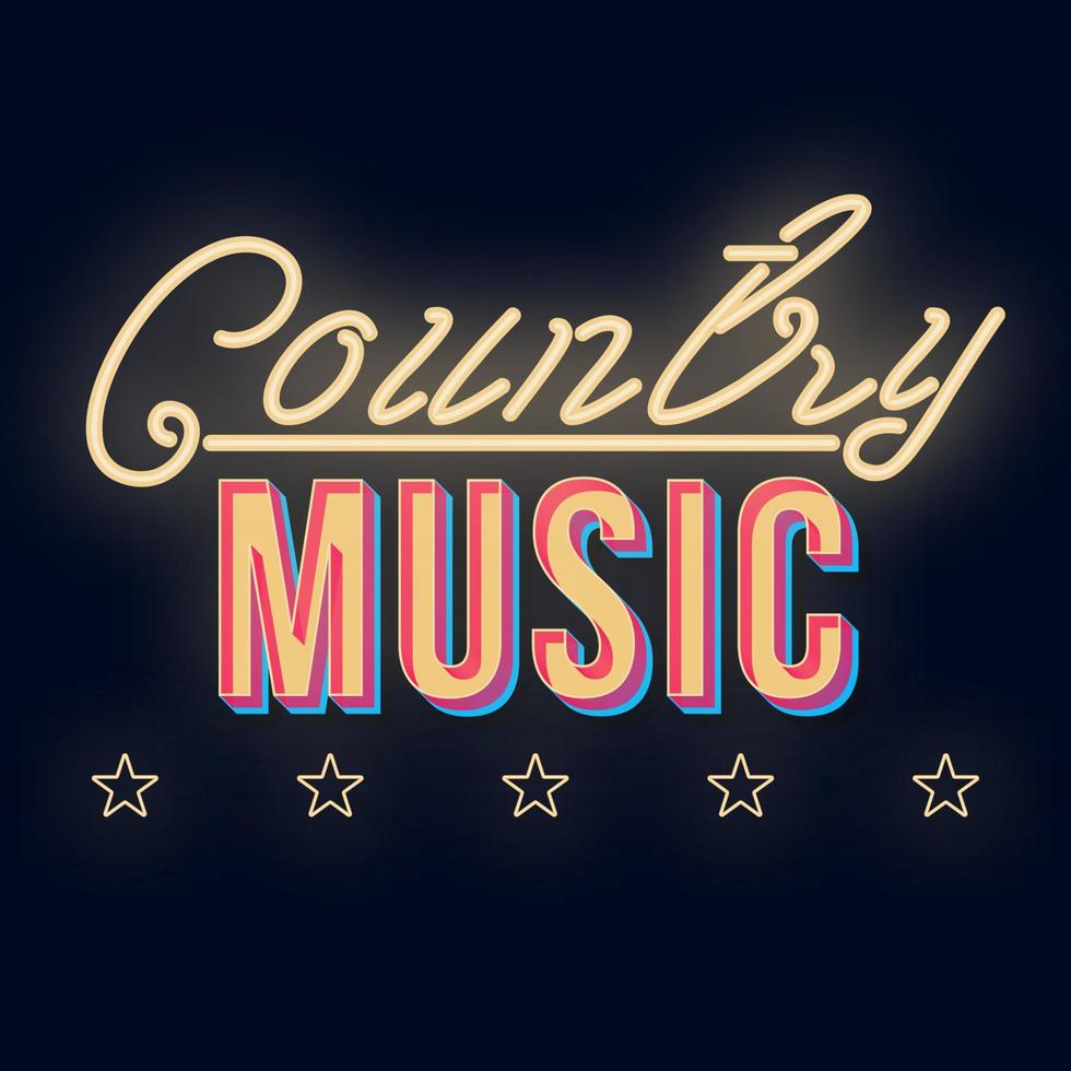 Country music vintage 3d vector lettering. Dance party. Retro bold font, typeface. Pop art stylized text. Old school style neon light letters. 90s, 80s poster, banner. Dark violet color background