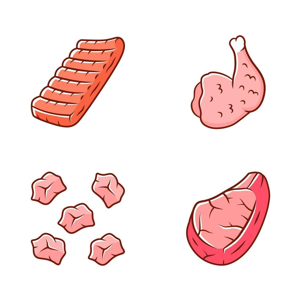 Butchers meat color icons set. Chicken ham, pork steak, pre cut meat, beef ribs. Meat production and sale. Butchery business. Protein sources. Isolated vector illustrations