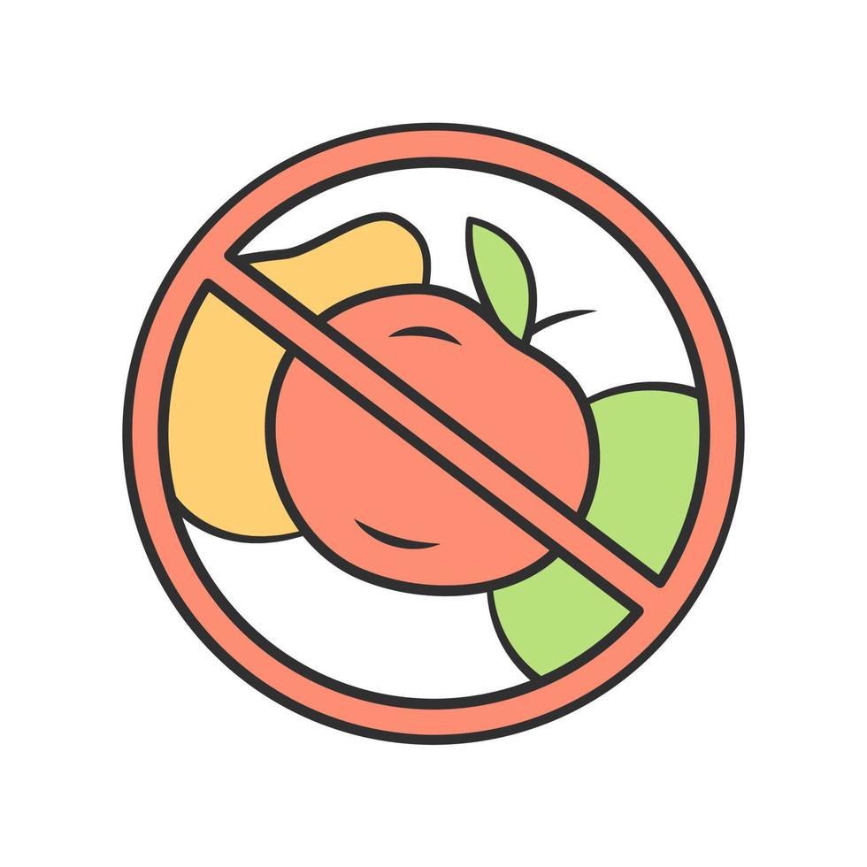 No fruit diet color icon. High fiber and vitamin containing product. Fructose and glucose free dietary food sticker. No vegetables carnivore eating. Keto diet isolated vector illustration