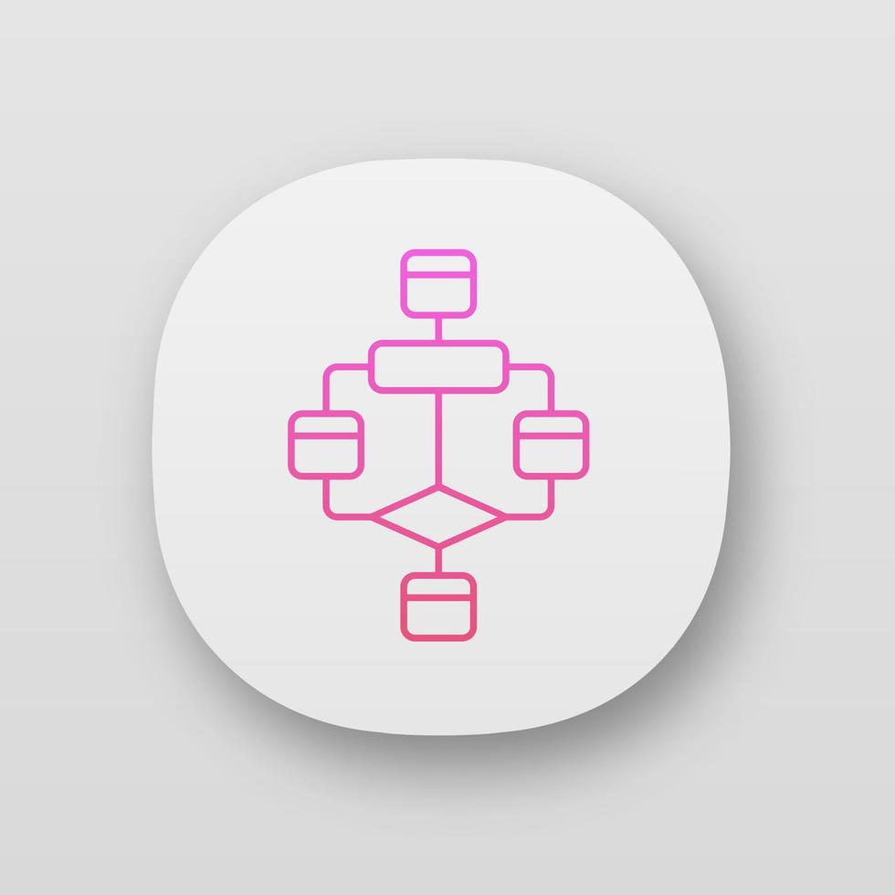 Flowchart app icon. Diagram. Visualization of process. Problem solving stages. Graphical representation of algorithm. UI UX user interface. Web or mobile applications. Vector isolated illustrations