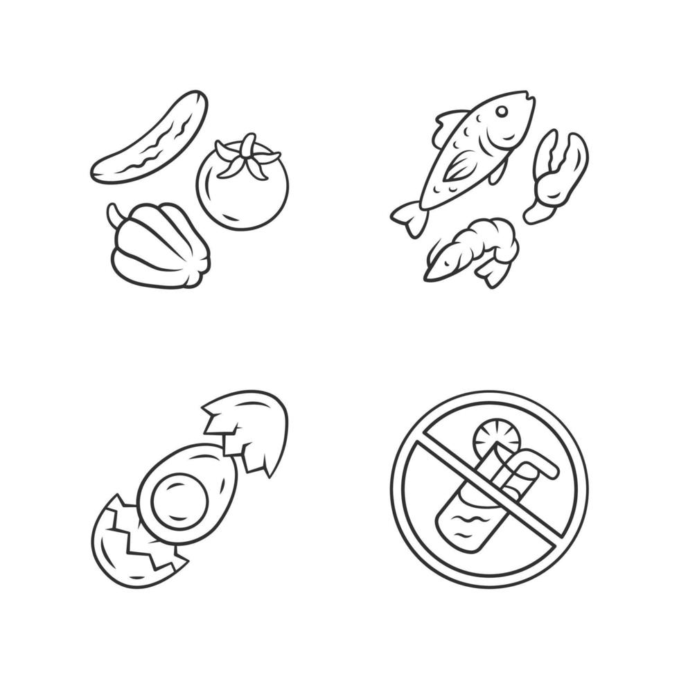 conjunto de iconos lineales de alimentación sana y equilibrada. alimentos ricos en vitaminas y omega 3. símbolos de contorno de línea delgada de mariscos. huevo, verduras, pescado ilustraciones de contorno vectorial aisladas. trazo editable vector