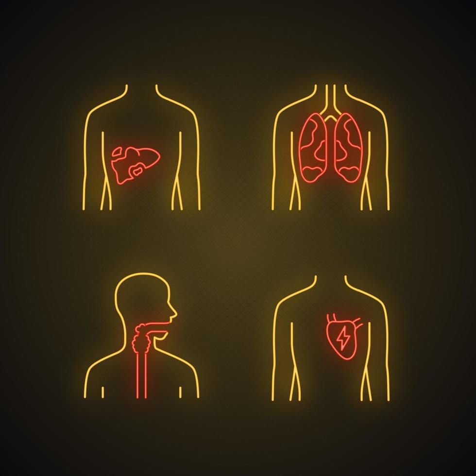 Ill human organs neon light icons set. Sore liver and lungs. Aching throat. Unhealthy heart. Sick internal body parts. Glowing signs. Vector isolated illustrations