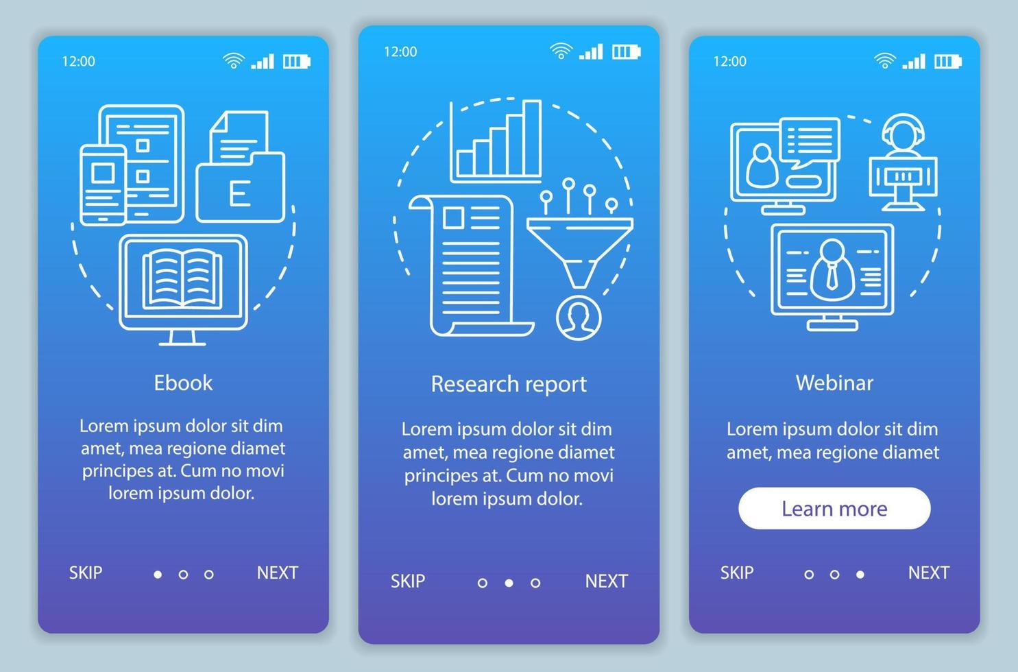 consideración contenido azul degradado incorporación plantilla de vector de pantalla de página de aplicación móvil. Pasos del sitio web del recorrido del informe de investigación con ilustraciones lineales. ux, ui, concepto de interfaz de teléfono inteligente gui