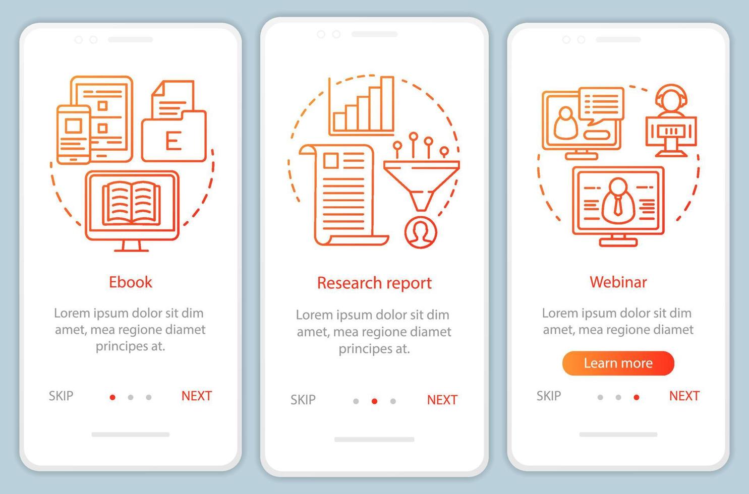 consideración contenido naranja incorporación plantilla de vector de pantalla de página de aplicación móvil. Pasos del sitio web del recorrido del informe de investigación con ilustraciones lineales. ux, ui, concepto de interfaz de teléfono inteligente gui