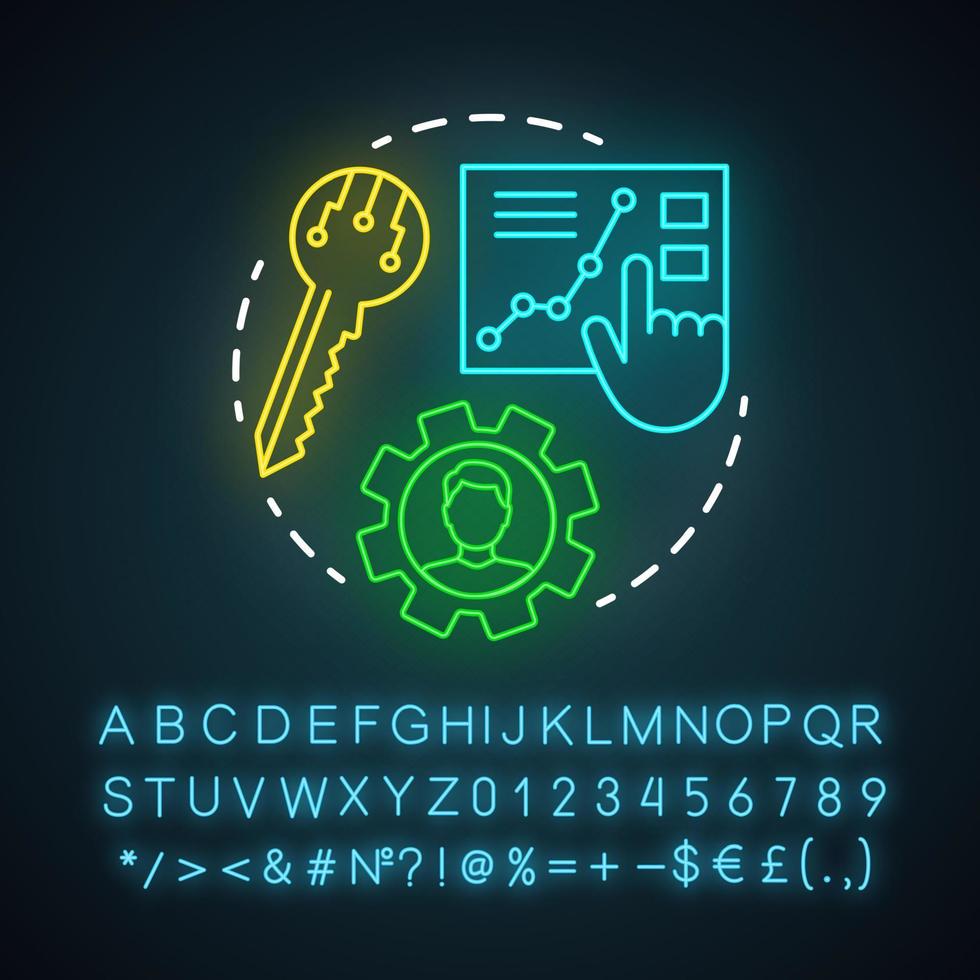 SEO manager neon light icon. Digital marketing specialty. Search engine optimization. Website traffic increasing. Glowing sign with alphabet, numbers and symbols. Vector isolated illustration