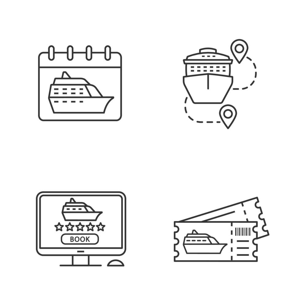 Cruise linear icons set. Travel agency. Cruise departure date, trip routes, online booking, shore excursion tickets. Thin line contour symbols. Isolated vector outline illustrations. Editable stroke