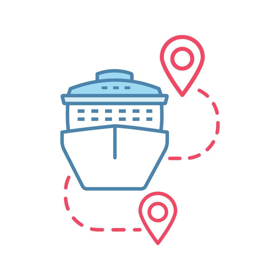 Cruise routes color icon. Travel destinations. Cruise liner with map pinpoints. Journey, trip route planner. Travel itinerary. Isolated vector illustration