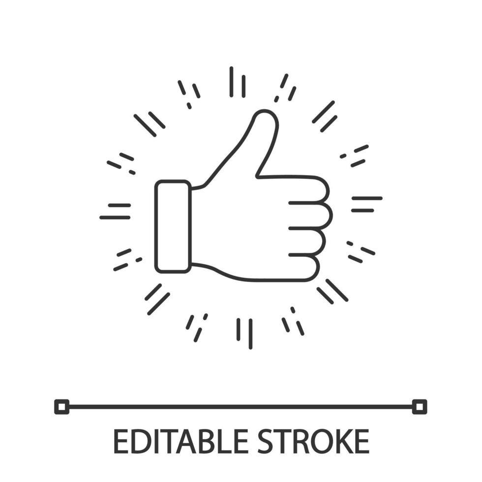 Thumbs up linear icon. Social media like. Thin line illustration. Good, cool, ok hand gesture. Rating, ranking. Accept button. Contour symbol. Vector isolated outline drawing. Editable stroke