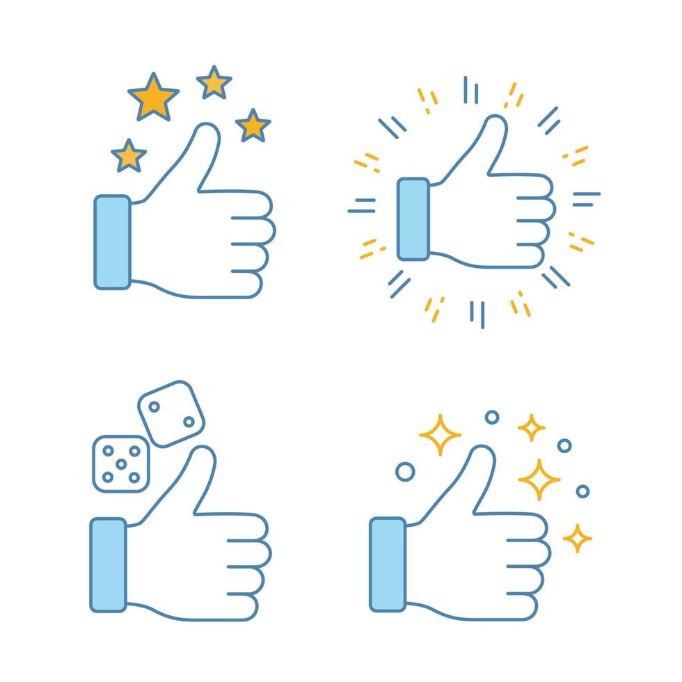 Like color icons set. Gambling games, thumbs up, success. Social media likes. Good, cool, ok hand gestures. Rating, ranking. Isolated vector illustrations