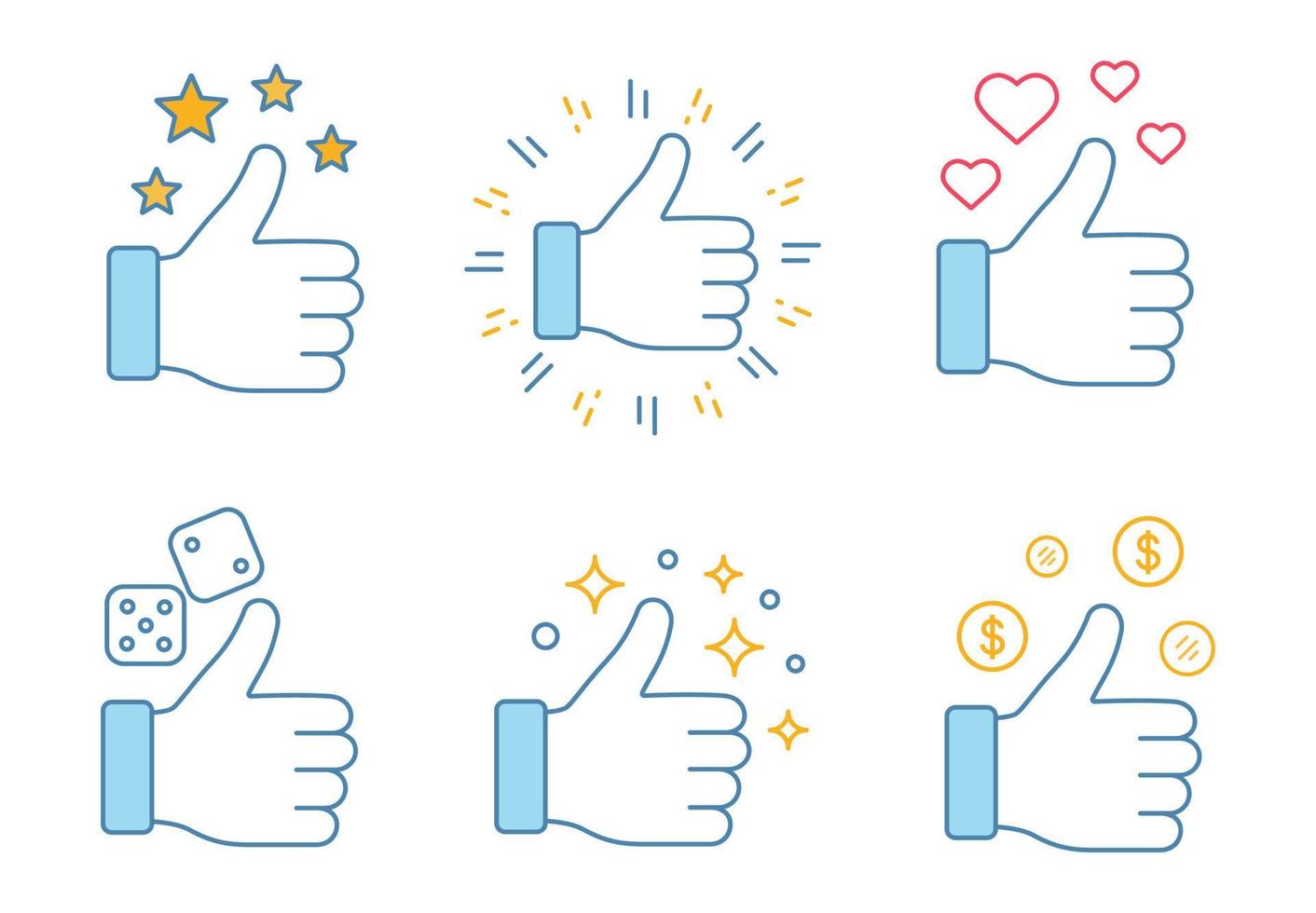 Like color icons set. Good luck. Thumbs up. Good, nice, ok, cool, success hand gesture. Social media. Isolated vector illustrations