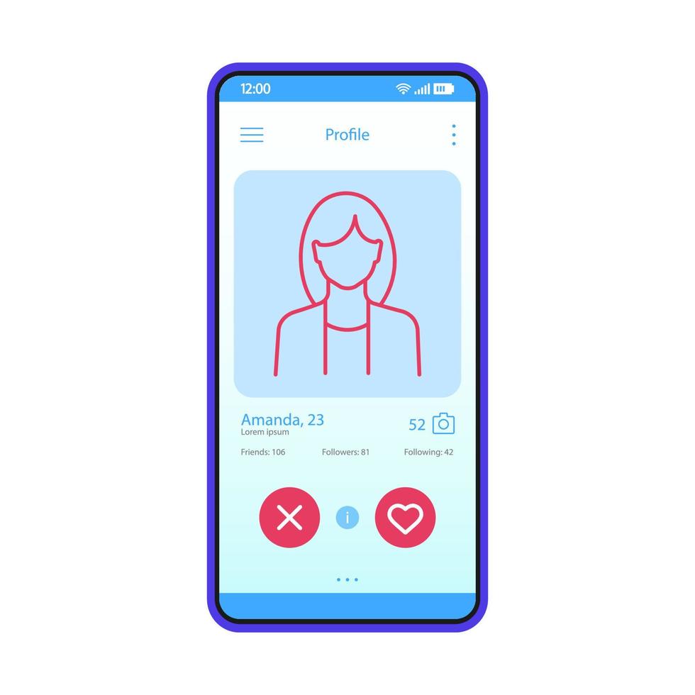 Dating app profile interface vector template. Mobile app interface blue design layout. Online dating smartphone application. Flat UI. Phone display with woman's profile information