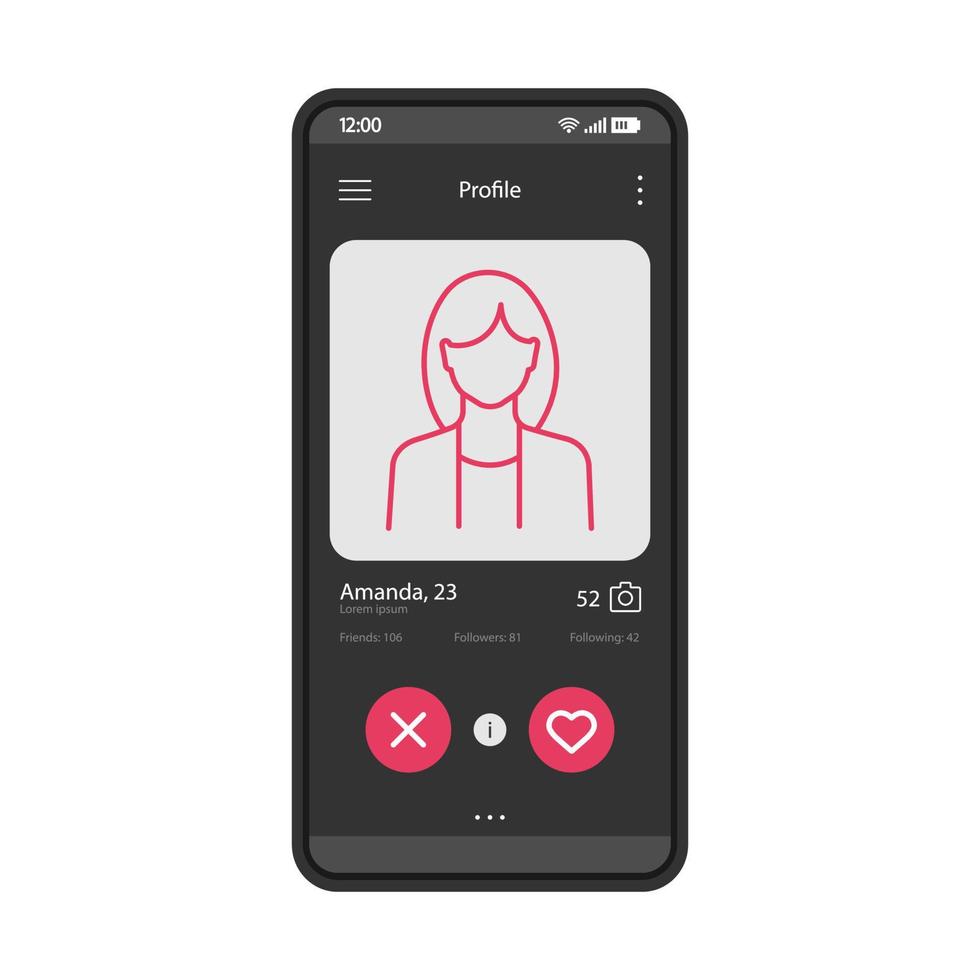 Dating app profile interface vector template. Mobile app interface black design layout. Online dating smartphone application. Flat UI. Phone display with woman's profile information