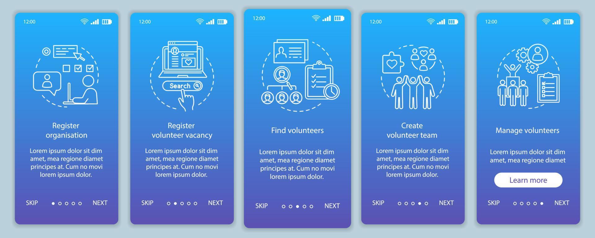 Volunteering onboarding mobile app page screen vector template. Humanitarian help. Volunteer program walkthrough website steps with linear illustrations. UX, UI, GUI smartphone interface concept