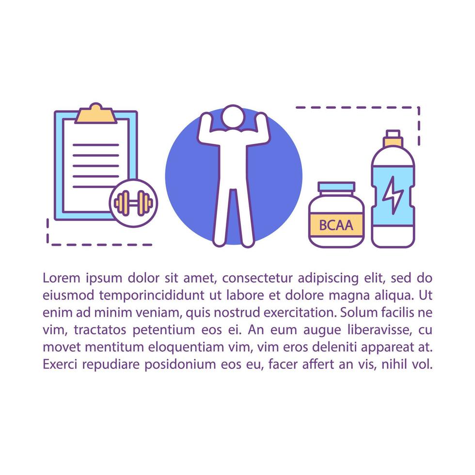 Ilustración lineal del concepto de nutrición deportiva. actividad física. artículo, folleto, diseño de página de revista con cuadros de texto. estilo de vida saludable. entrenamiento, fitness. diseño de impresión. dibujo vectorial aislado vector