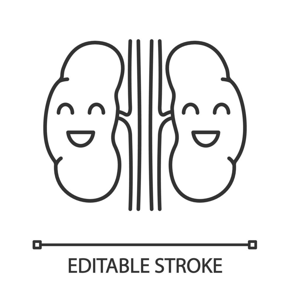 Smiling human kidneys linear icon. Healthy urinary tract. Thin line illustration. Urinary system health. Contour symbol. Vector isolated outline drawing. Editable stroke