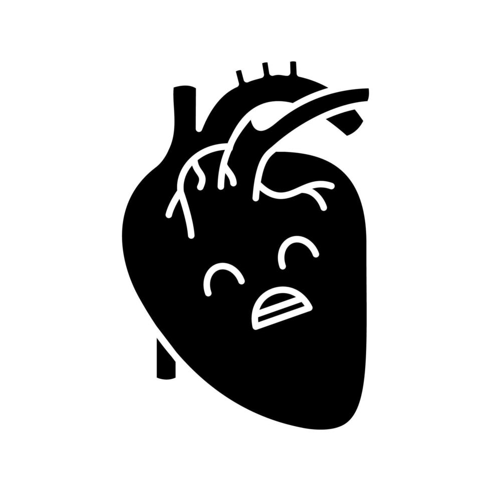 Sad human heart anatomy glyph icon. Cardiovascular system diseases. Unhealthy internal organ. Silhouette symbol. Negative space. Vector isolated illustration