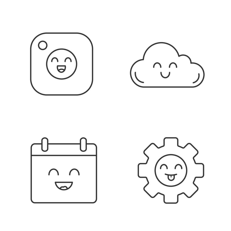 conjunto de iconos lineales de elementos sonrientes. caracteres. cámara feliz, nube, calendario, rueda dentada. símbolos de contorno de línea delgada. ilustraciones aisladas de contorno vectorial. trazo editable vector