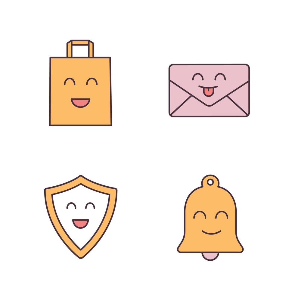 Smiling items color icons set. Characters. Happy shopping bag, shield, bell, letter. Isolated vector illustrations