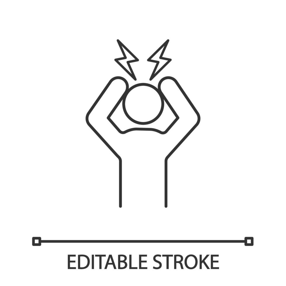 Headache linear icon. Anger and irritation. Thin line illustration. Frustration. Nervous tension. Aggression. Occupational stress. Contour symbol. Vector isolated outline drawing. Editable stroke