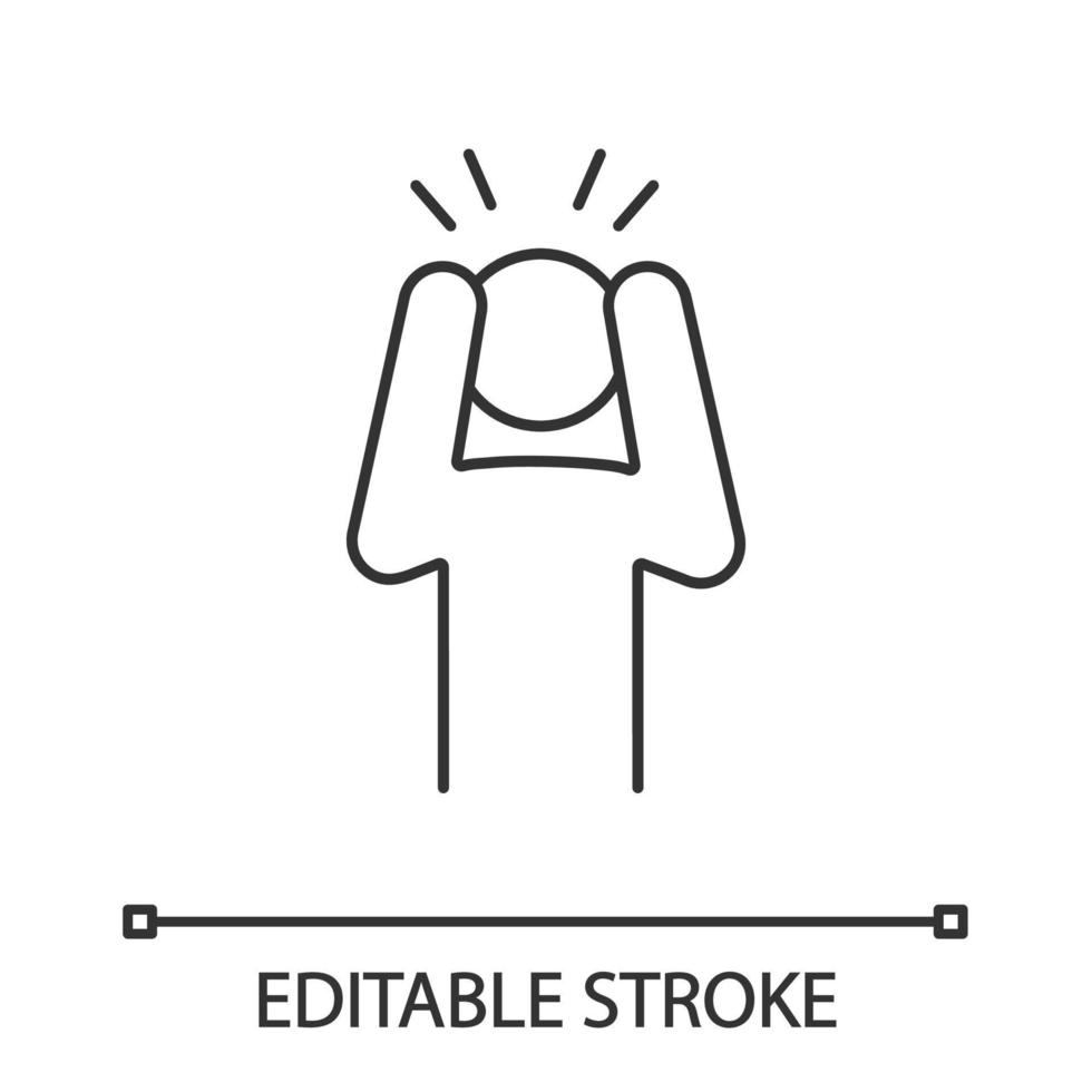 Anxiety linear icon. Exhaustion, fatigue. Thin line illustration. Apathy. Worrying person. Panic attack. Depression, desperation. Contour symbol. Vector isolated outline drawing. Editable stroke