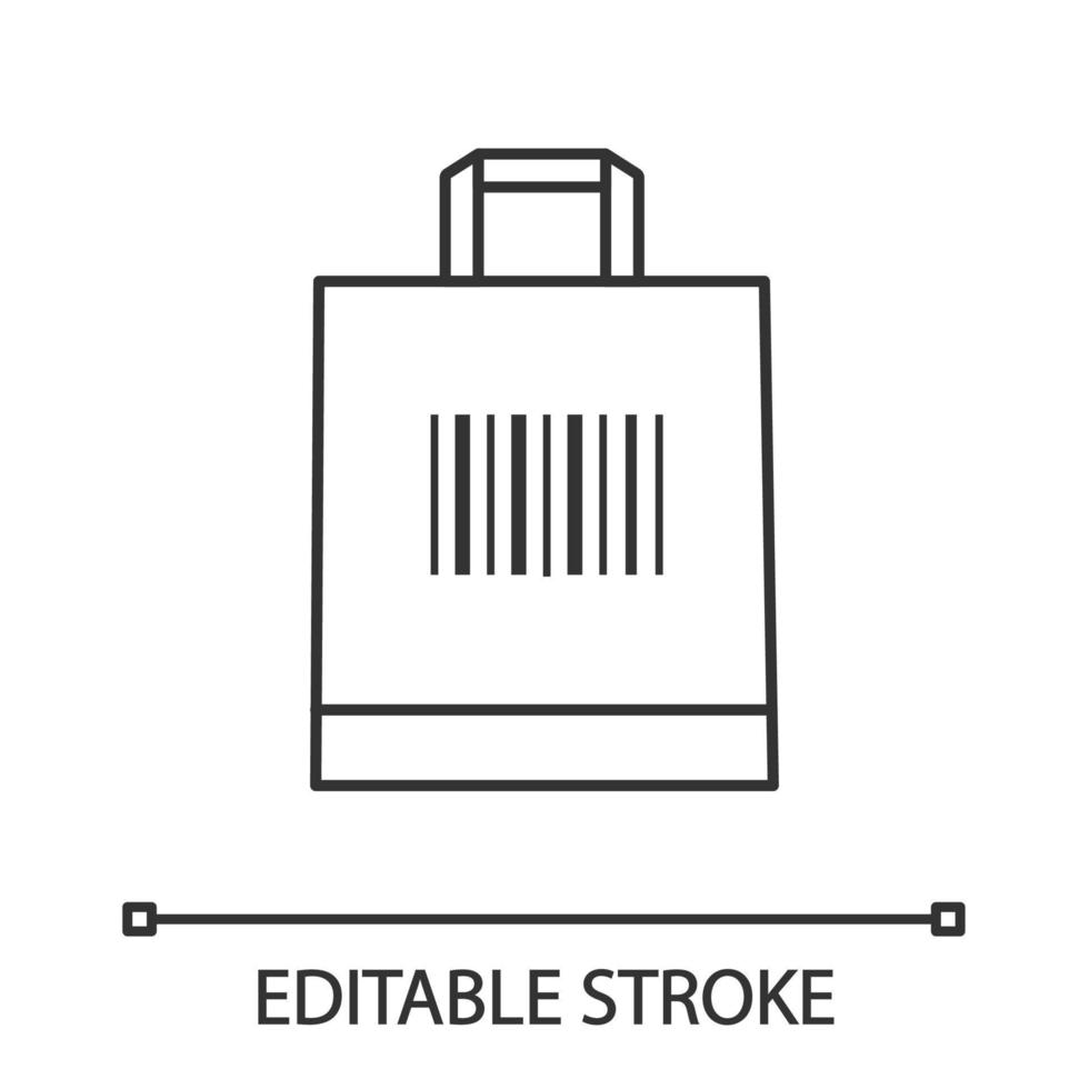 Shopping bag with barcode linear icon. Retail. Merchandising. Thin line illustration. Using traditional linear barcodes. Code data identification. Vector isolated outline drawing. Editable stroke