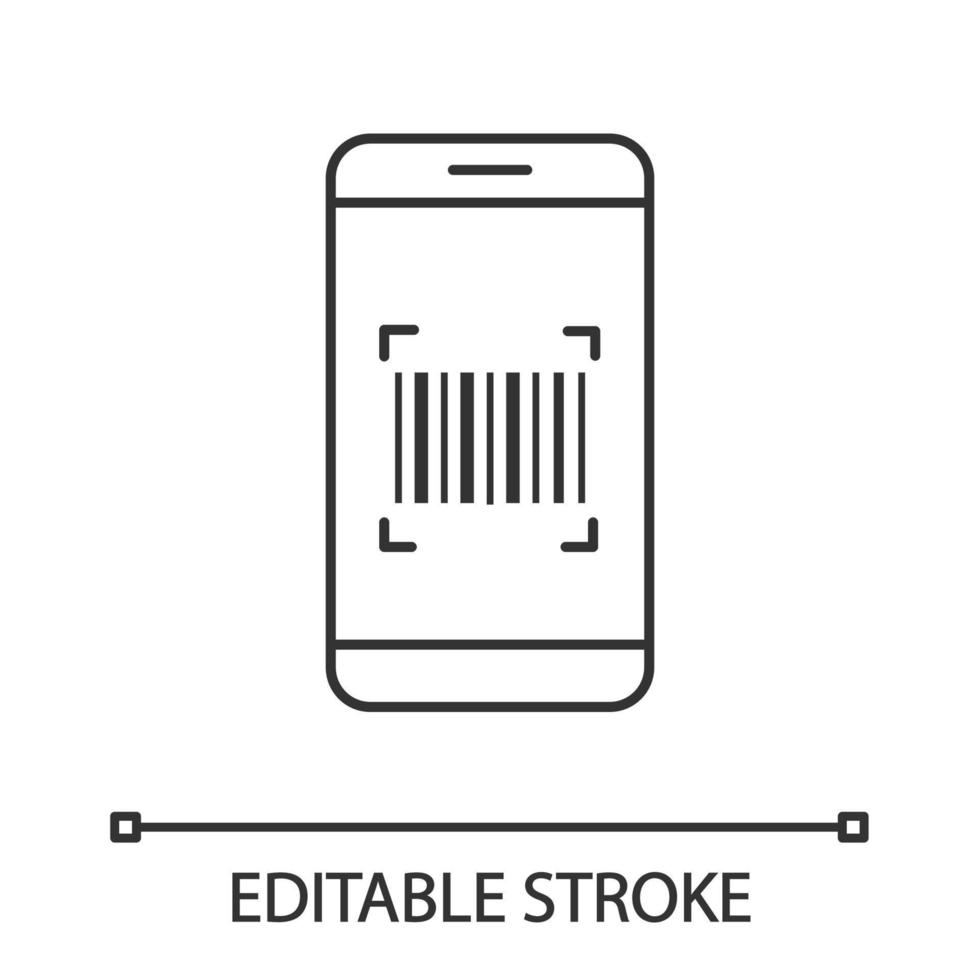 Barcode scanning app linear icon. Smartphone reading linear barcode. Thin line illustration. One dimensional code scanner. Contour symbol. Vector isolated outline drawing. Editable stroke