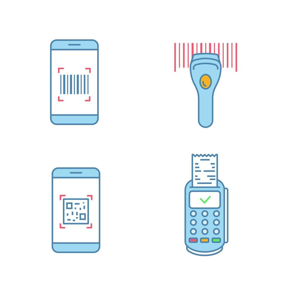 Barcodes color icons set. Smartphone barcode scanner, linear code reader, scanning app, payment terminal receipt. Isolated vector illustrations