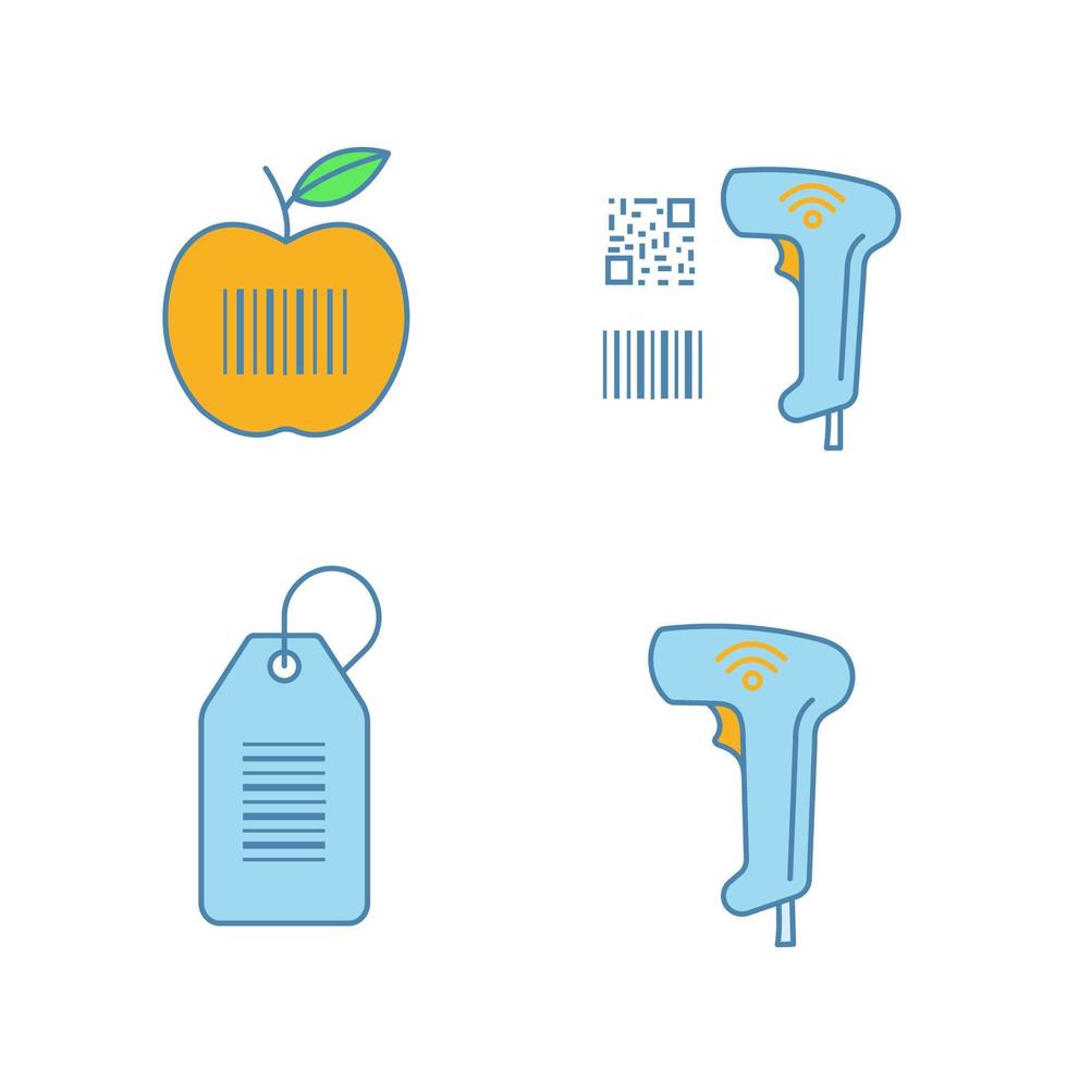 Barcodes color icons set. Product barcode, qr and linear codes scanner, hang tag, wireless handheld reader. Isolated vector illustrations