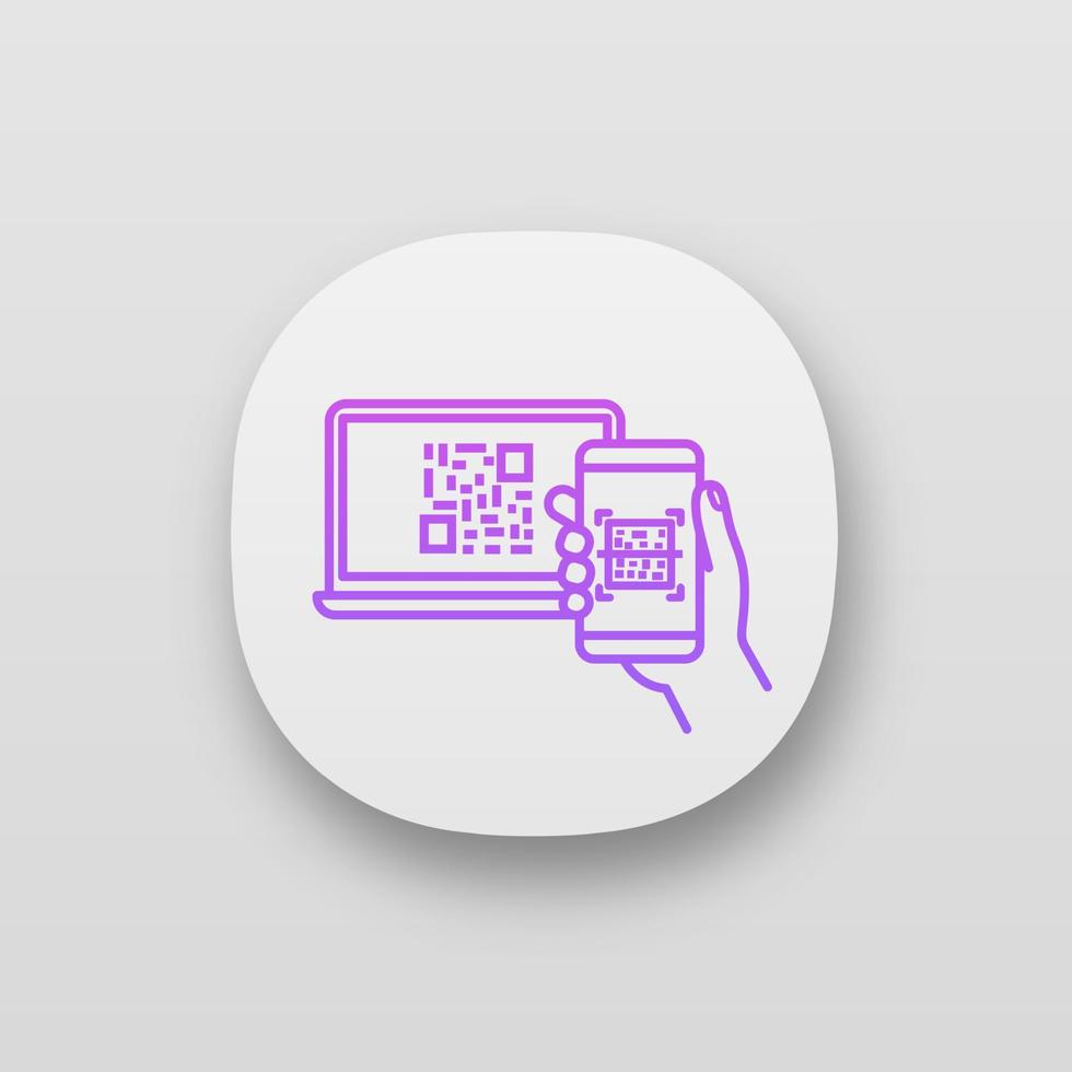 QR code scanning smartphone app icon. Barcode authorization. Mobile phone reading barcode on PC screen. Matrix code displayed on laptop scanning with smartphone. UI UX user interface. vector