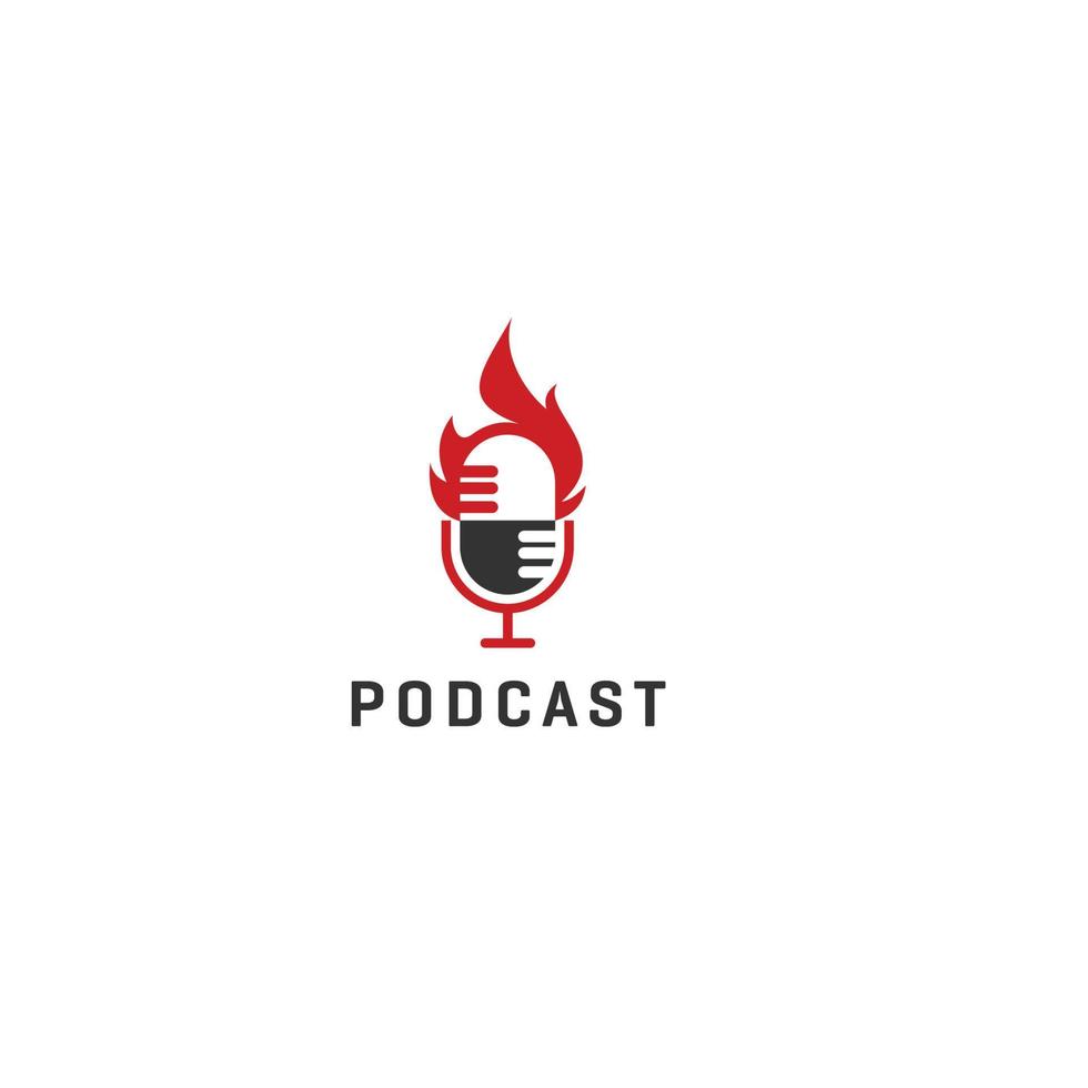 diseño de logotipo de podcast o radio con micrófono y fuego vector