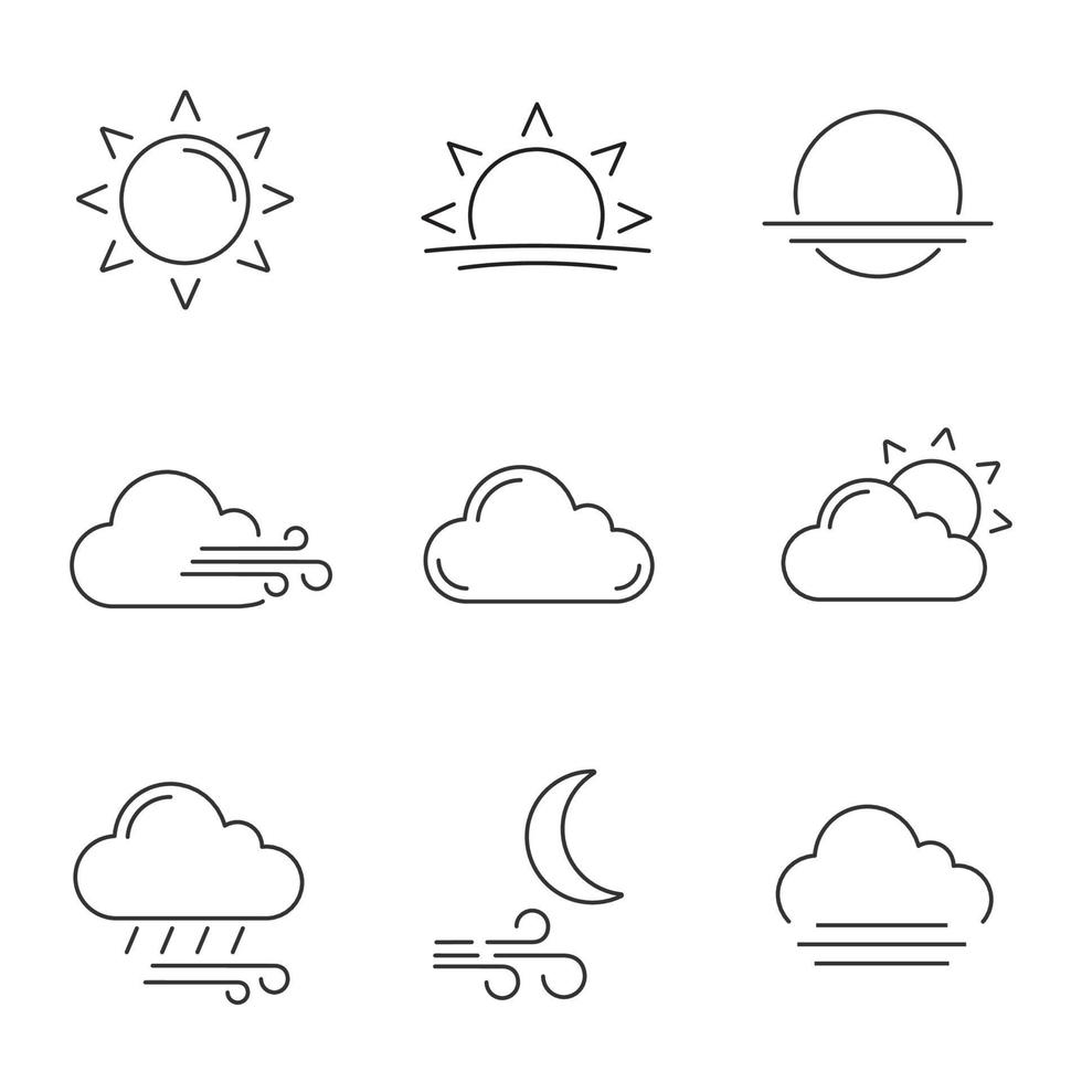 Weather forecast linear icons set. Sun, sunrise, sunset, wind, cloud, partly cloudy weather, pouring rain, windy night, fog. Contour symbols. Isolated vector outline illustrations. Editable stroke