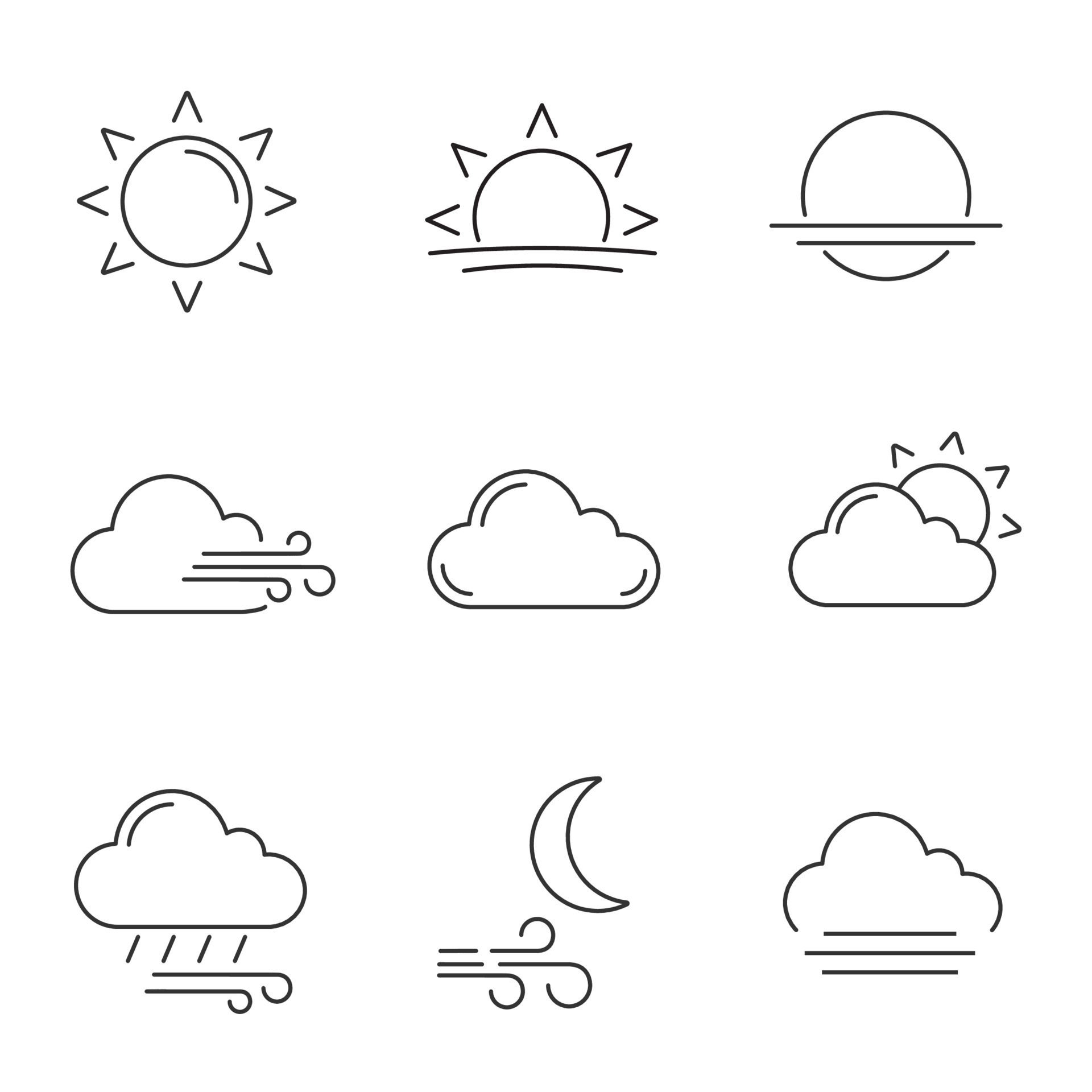 Weather forecast linear icons set. Sun, sunrise, sunset, wind