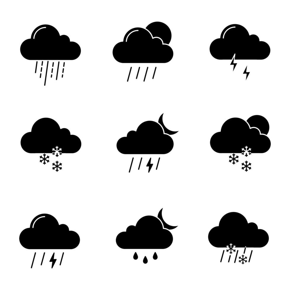 Weather forecast glyph icons set. Thunderstorm, drizzle rain, sleet, heavy rain, scattered shower, thunder, light snow, night storm, scattered snow. Silhouette symbols. Vector isolated illustration