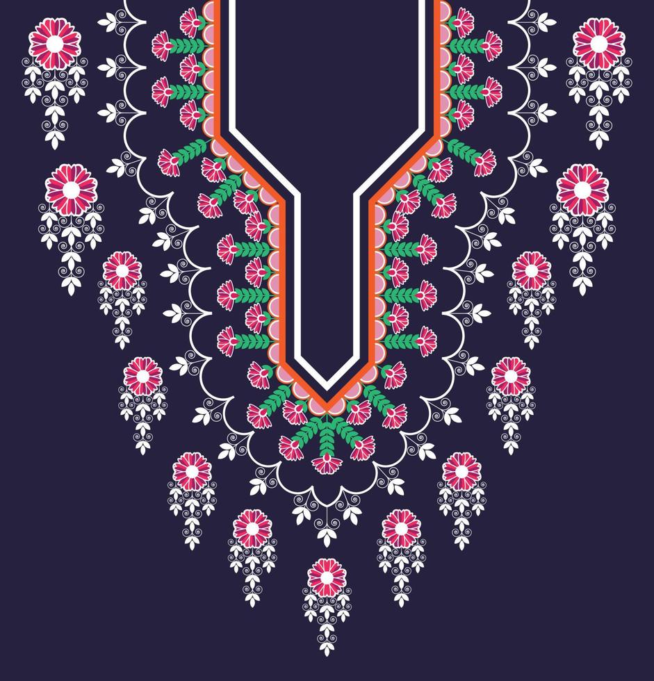 Floral necklace embroidery design for fashion women. Embroidery traditional flower pattern with beautiful colorful Geometric Ethnic oriental for neckline. Clothes and wraps vector