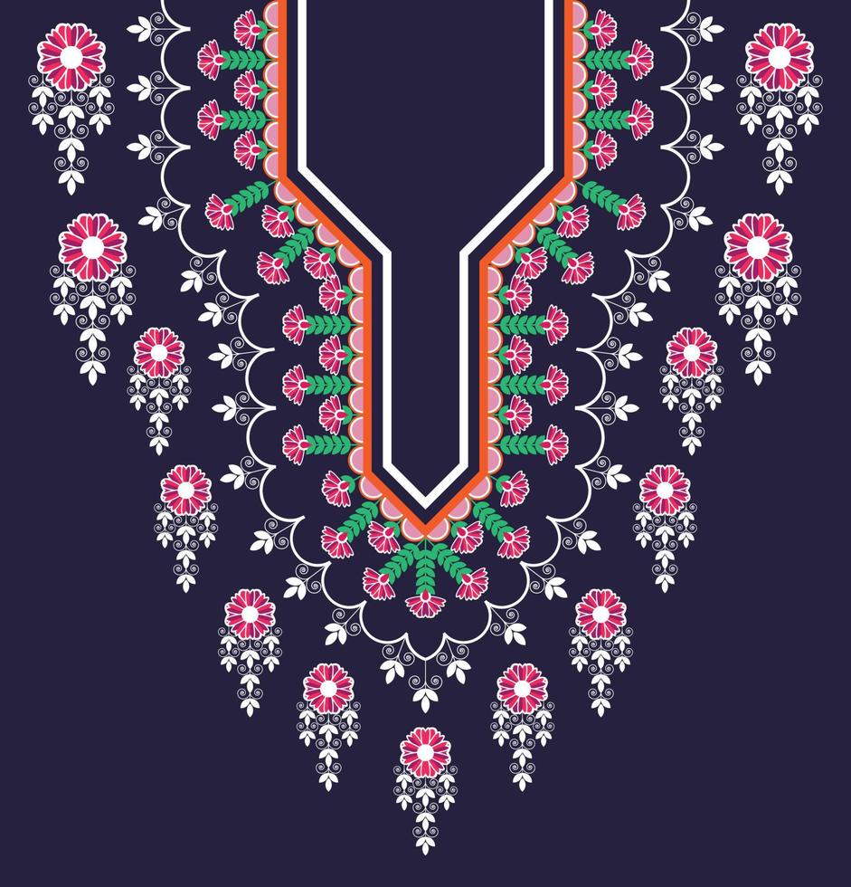 Floral necklace embroidery design for fashion women. Embroidery traditional flower pattern with beautiful colorful Geometric Ethnic oriental for neckline. Clothes and wraps vector